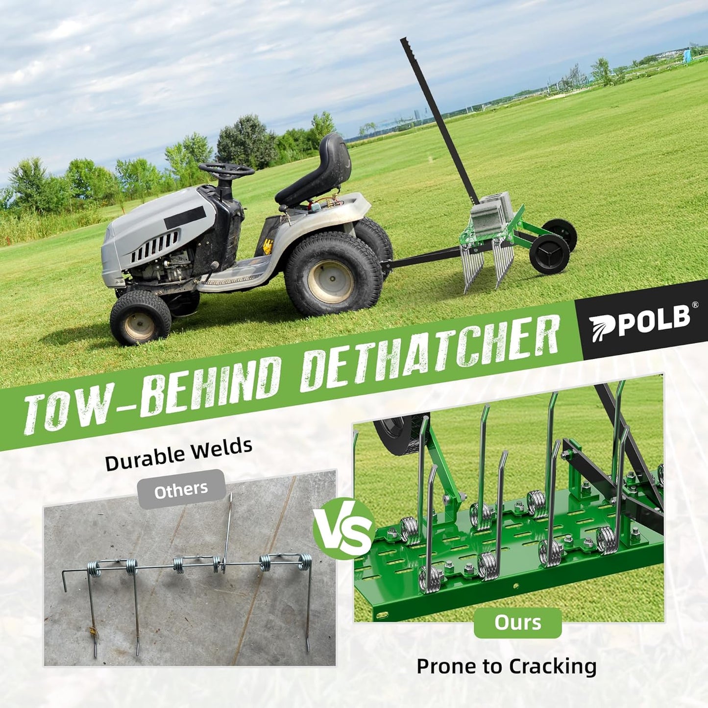 40" Tow-Behind Dethatcher with 20 Spring Steel Tines, Pull Behind Lawn Tractor Mower Grass Rake for Yard, Garden, and Farm Care – Removes Thatch, Leaves, and Pine Needles-Green