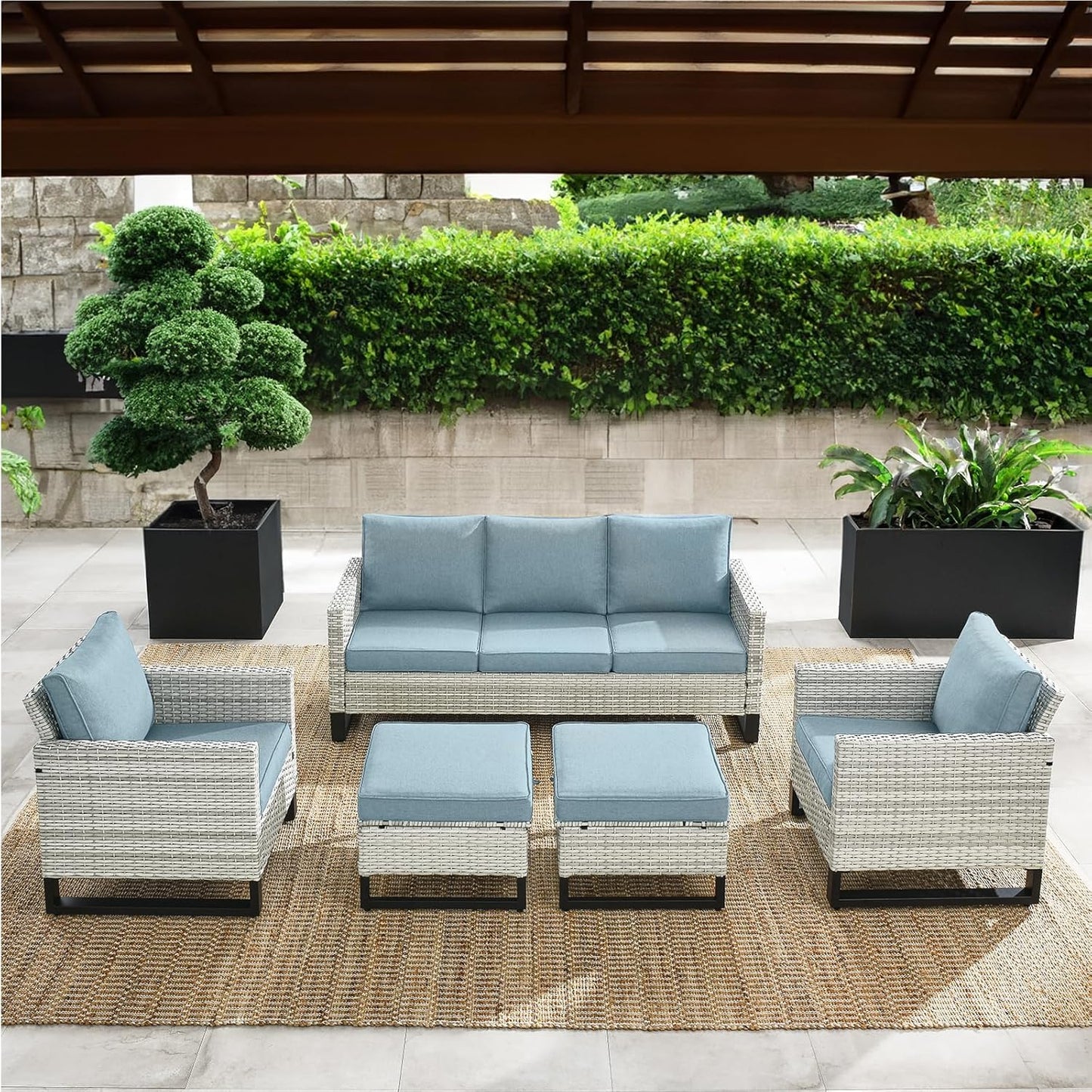 HUMMUH 5 Piece Patio Furniture All Weather Wicker Outdoor Sectional Sofa,High Back Patio Chairs,Coffee Table and Ottomans Set for Porch,Garden,Backyard