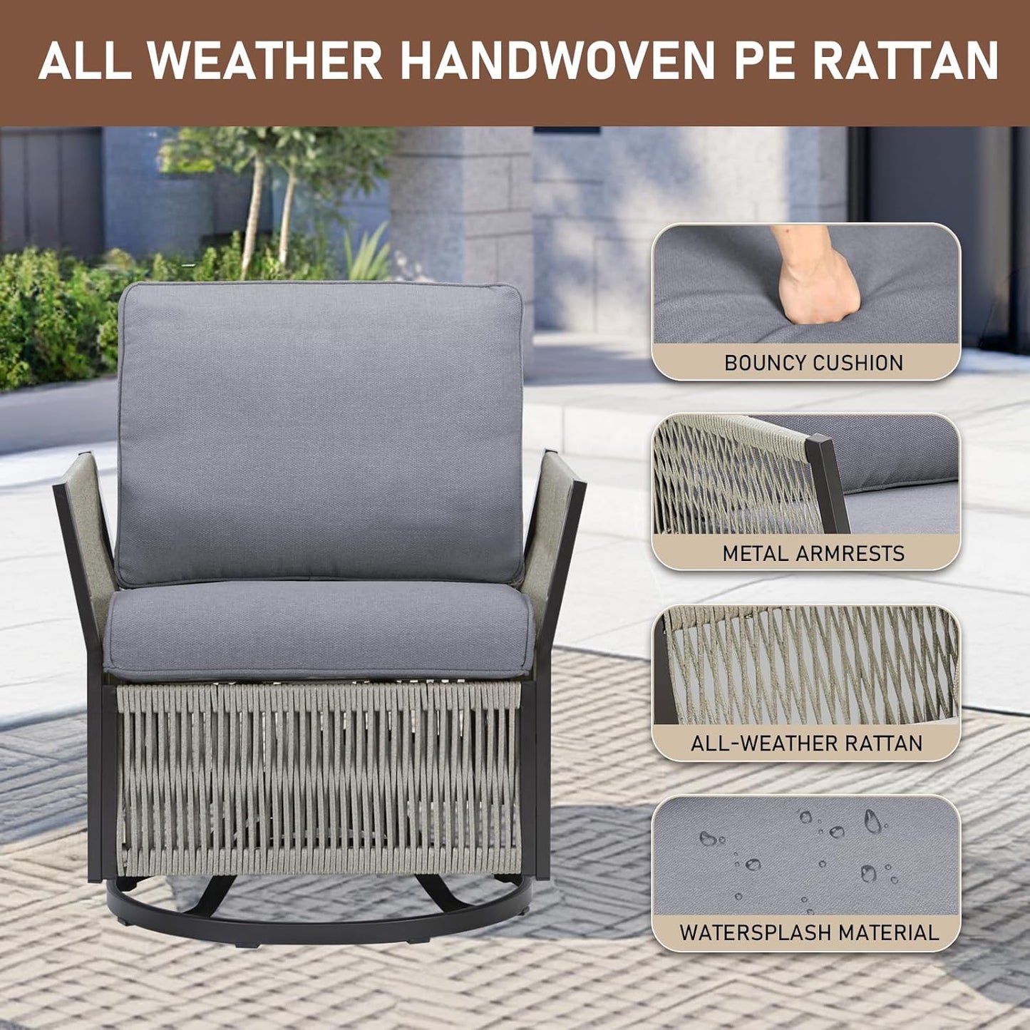 Patio Bistro Chair Set, 2 Pieces Rope Swivel Wicker Chairs Porch Furniture Sets, All-Weather Aluminum Rocking Outdoor Conversation Set for Porch, Deck, Poolside w/Cushion - Dark Grey