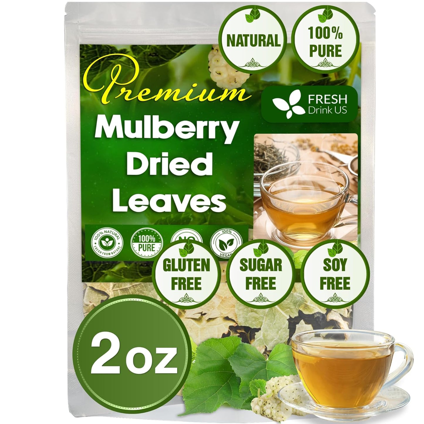FreshDrinkUS, Permium 2oz Mulberry Leaves, 100% Natural & Pure from Mulberry Leaves, Mulberry Leaf Tea, Mulberry Loose Leaf Herbal Tea, No Additives, No Caffeine, Vegan
