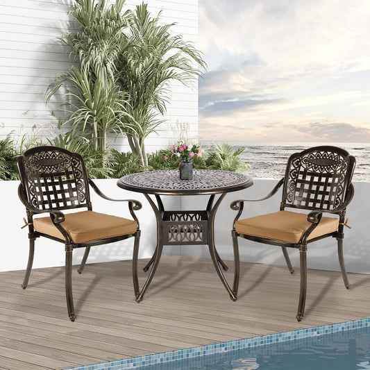 3-Piece Outdoor Patio Dining Set, All-Weather Cast Aluminum Patio Furniture Set for Backyard Garden Deck with 2 Cushioned Chairs and 35.4” Round Table, 2" Umbrella Hole