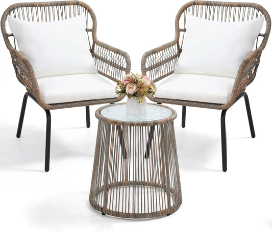 3 Pieces Rattan Wicker Bistro Set, Outdoor Conversation Set, Wicker Furniture Set with Glass Top Table, Space Saving for Balcony, Backyard, Natural