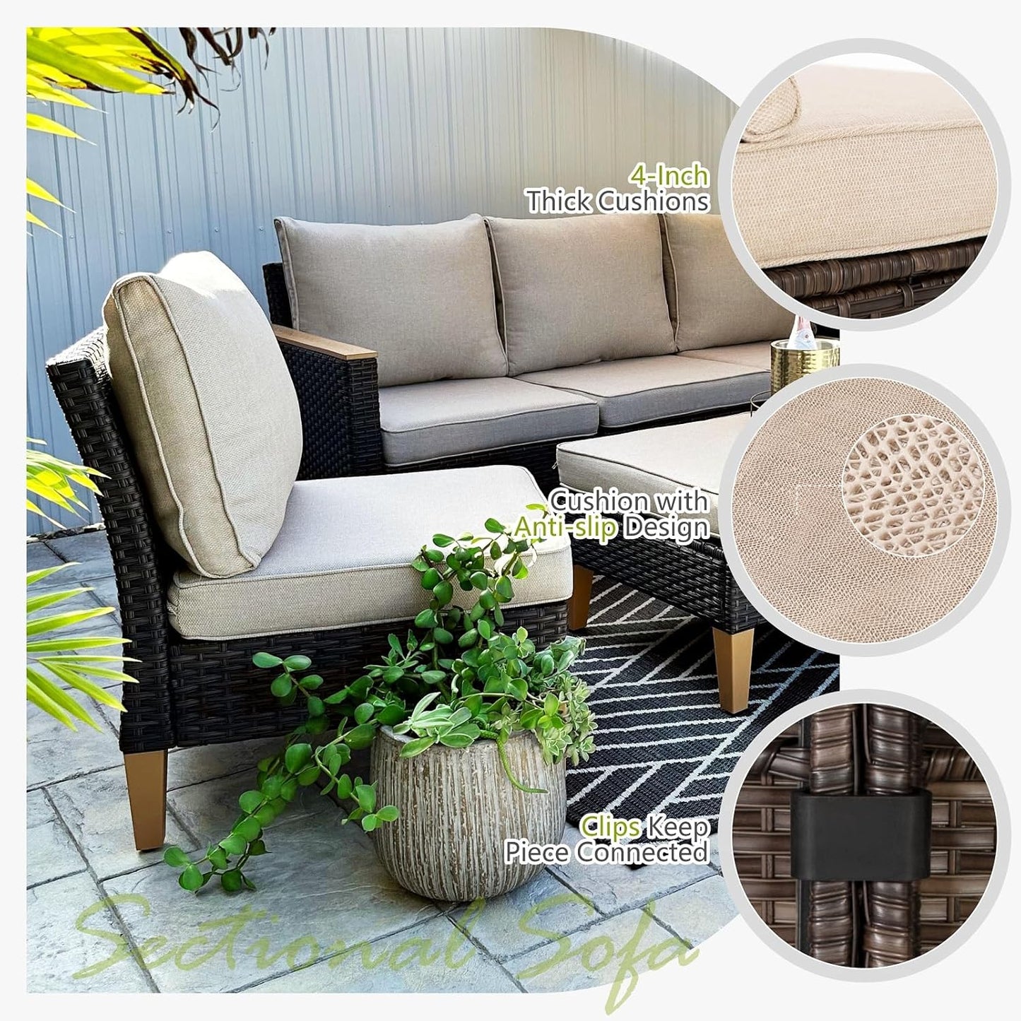 Sophia & William Outdoor Patio Sectional Sofa Set 2 Seats High Back Single Wicker Patio Furniture Chairs All-Weather Patio Conversation Set Outdoor Couch with 4" Thick Cushions, Beige