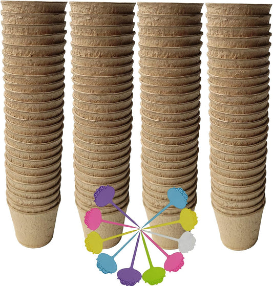 Biodegradable Peat Pots for seedlings, 100 Pack Plant Seed Starter Pots Kit, 2.36inch Succulent Planter Nursery Pots with 10 Plant Markers, Garden Germination Kits