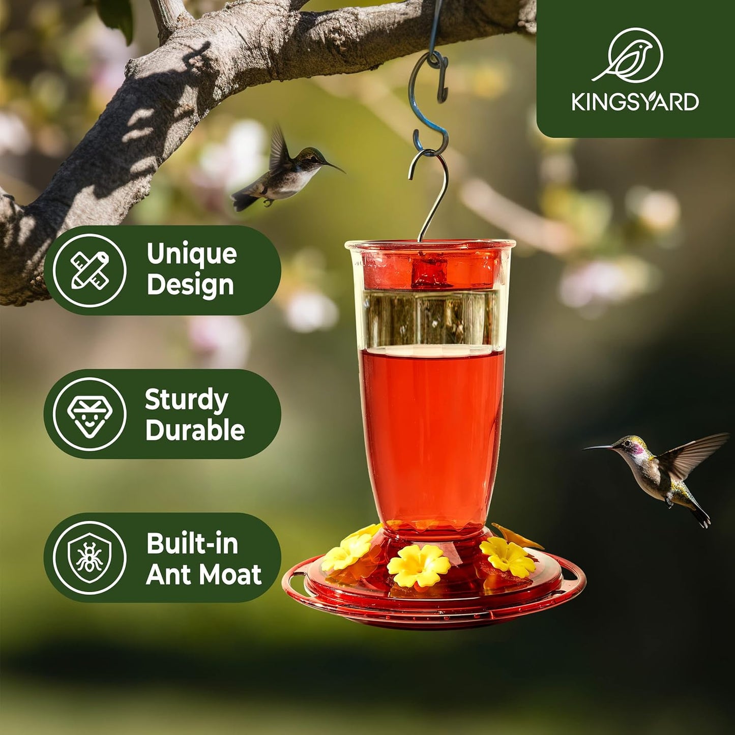 Kingsyard Hummingbird Feeder for Outdoors Hanging - 6 Bee Guard Feeding Ports & Built-in Ant Moat, Wild Bird Feeder for Outside Garden Yard Patio 16 Oz, Clear