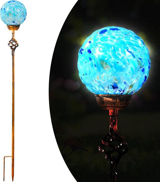 Garden Solar Lights Outdoor, Decorative LED Honeycomb Glass Ball Garden Stake, Glass and Metal Outdoor Decoration, 4 x 31 Inch (Light Blue)