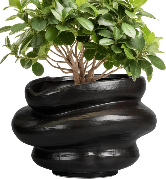 Ceramic Pots for Plants 11 Inch - Bonsai Flower Pots for Indoor Plants with Drainage Hole, Decorative Outdoor Pot for Plant, Gift for Men Women, Black