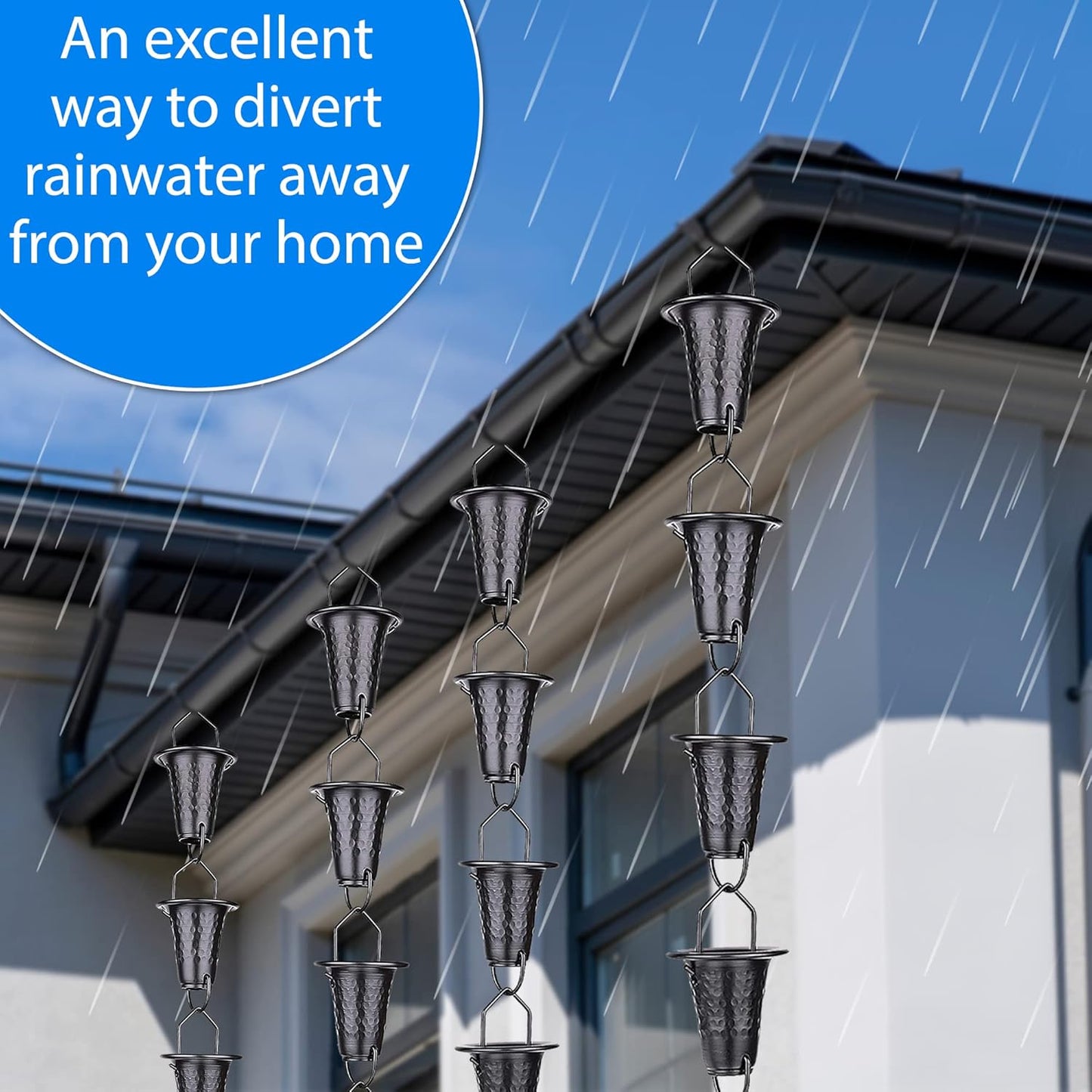 Hand-Hammered Fluted Rain Chain 8.5 FT – Black Powder-Coated Aluminum - Functional and Decorative Replacement for Gutter Downspouts - Premium Rain Chains for Gutter