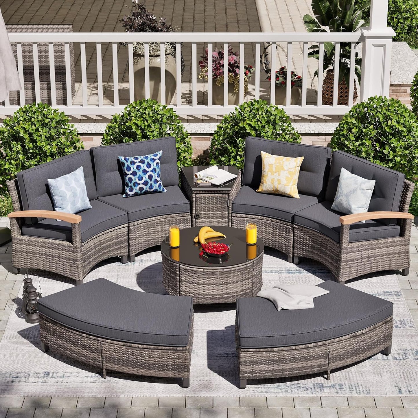 8 Piece Outdoor Patio Furniture Set, Half-Moon Curved Sectional Set with Wood Armrests, Patio Conversation Set, 2 Half-Moon Ottomans，Coffee & Side Tables (Grey)
