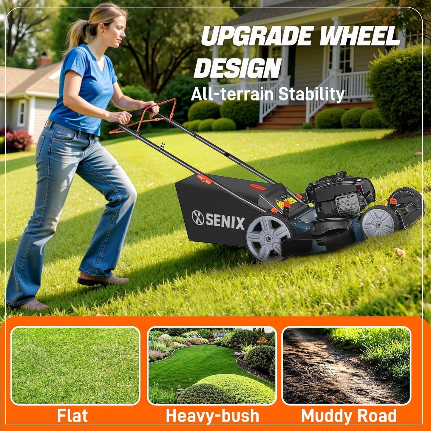 SENIX 21-Inch Gas Lawn Mower Self-Propelled, 3-in-1 Push Cordless Mower with Mulch/Bag/Side-Discharge, 6 Position Adjustable Cutting Height, Steel Deck (LSSG-M1)