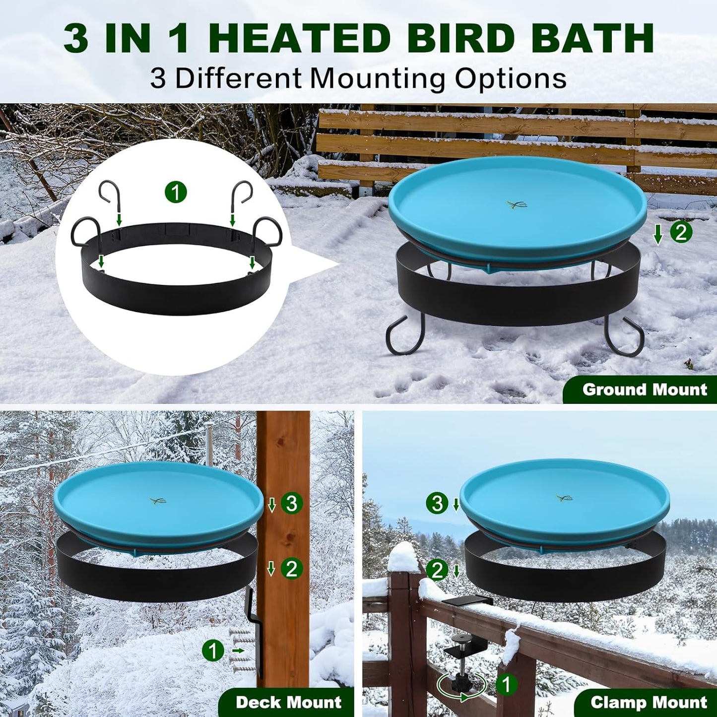Heated Bird Bath for Outdoors for Winter, 3 Easy Ways to Mount Detachable Bird Bath Bowl, 75W Heated Bird Baths with Thermostatically Controlled for Garden Yard Patio Lawn, Blue