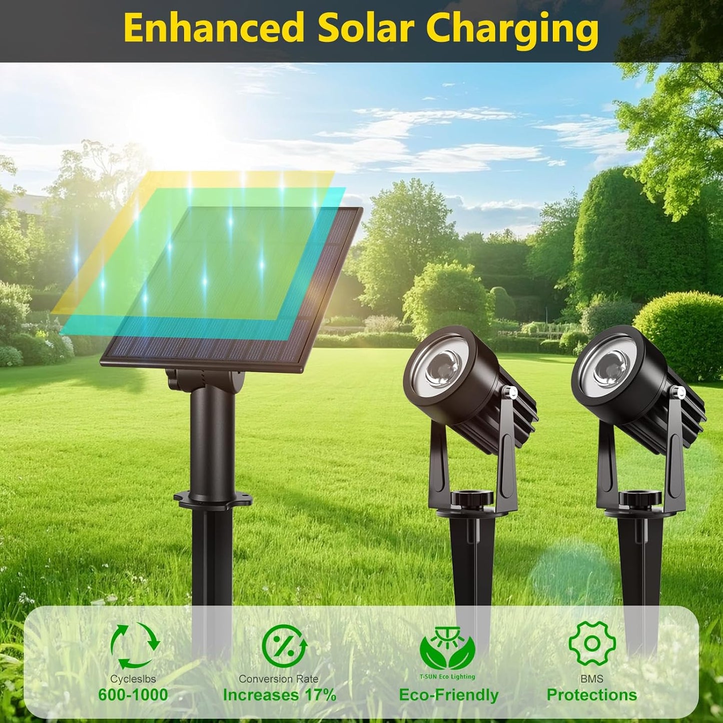 T-SUN 2W Solar Spotlights, LED Solar Powered Landscape Lights Outdoor Waterproof Solar Security Wall Lights Auto ON/Off Dual Head Light for Garden Yard Patio(Cold White)