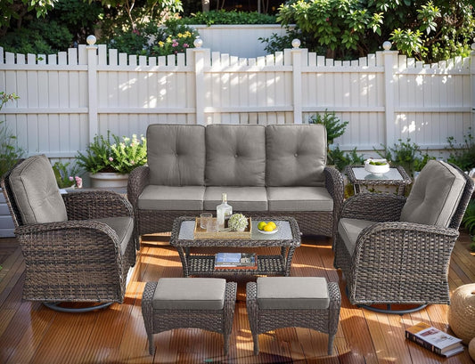 HUMMUH 7-Piece Outdoor Patio Furniture All-Weather PE Wicker Outdoor Conversation Set-Patio Couch Swivel Rocker Chairs with Ottomans Tables for Backyard,Poolside,Deck