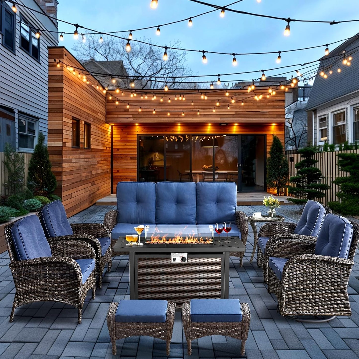 HUMMUH 9 Piece Patio Furniture Set with Fire Pit Table,Wicker Patio Swivel Rocker Outdoor Chairs 3-Seat Sofa with Ottomans for Backyard,Poolside,Deck