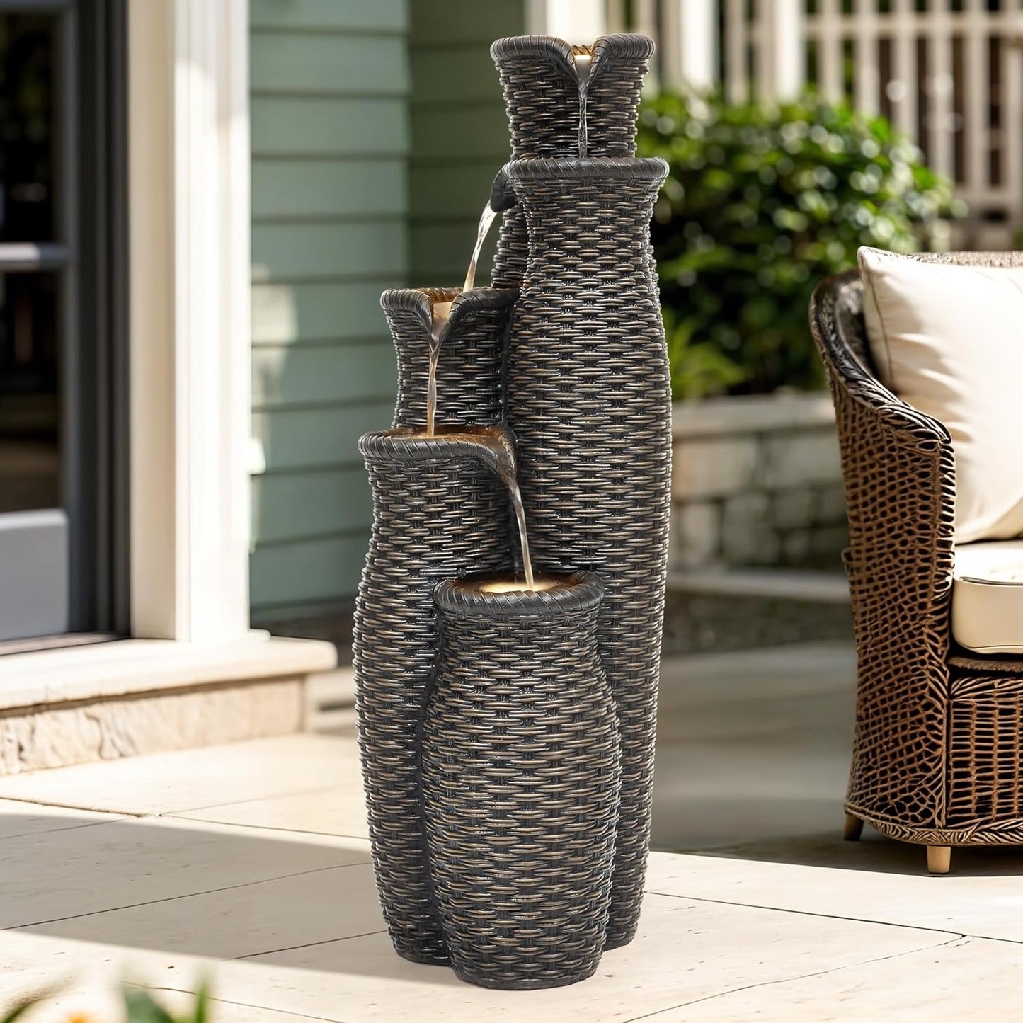 5-Tier Faux Rattan Vase Water Fountain Outdoor with LED Lights, Polyresin Cascading Waterfall Feature, Tranquil Oasis for Garden, Patio, Yard, or Porch