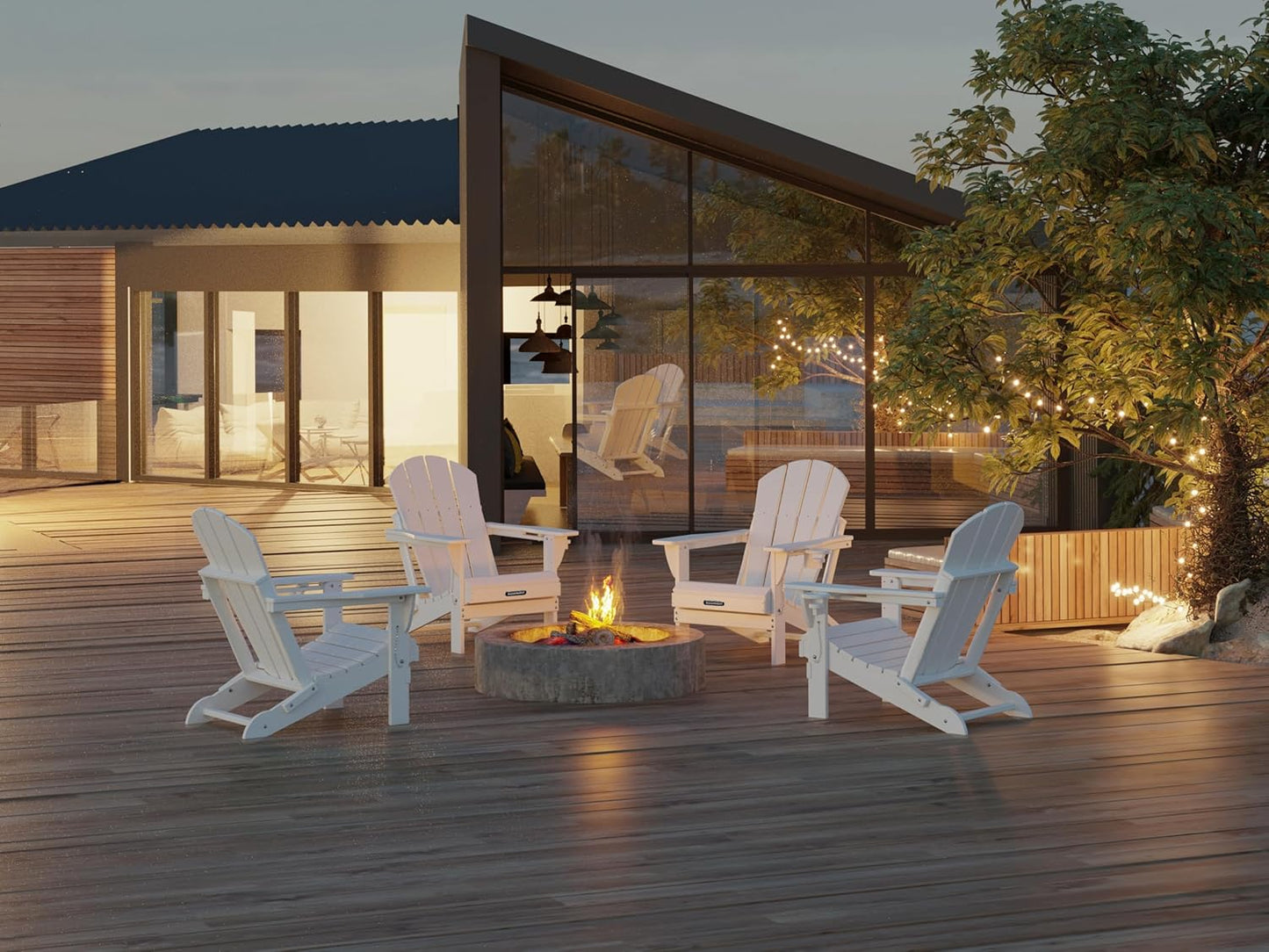 MUCHENGHY Folding Adirondack Chairs, Patio Chairs, Lawn Chairs, Outdoor Chair, Adirondack Chair Plastic, Fire Pit, Weather Resistant with Cup Holder for Deck, Backyard, Garden(White, 3-Piece)