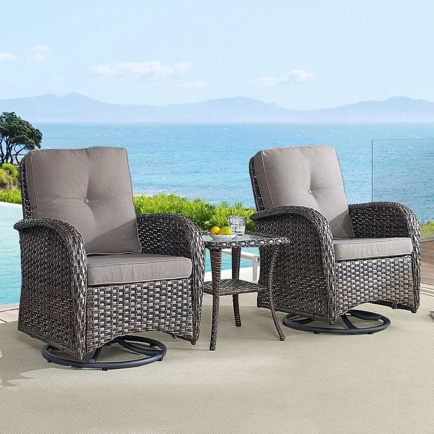 HUMMUH 6-Piece Patio Furniture PE Wicker Outdoor Conversation Set,All-Weather Rattan Swivel Rocker Chairs Outdoor Couch Ottomans for Backyard,Poolside,Deck