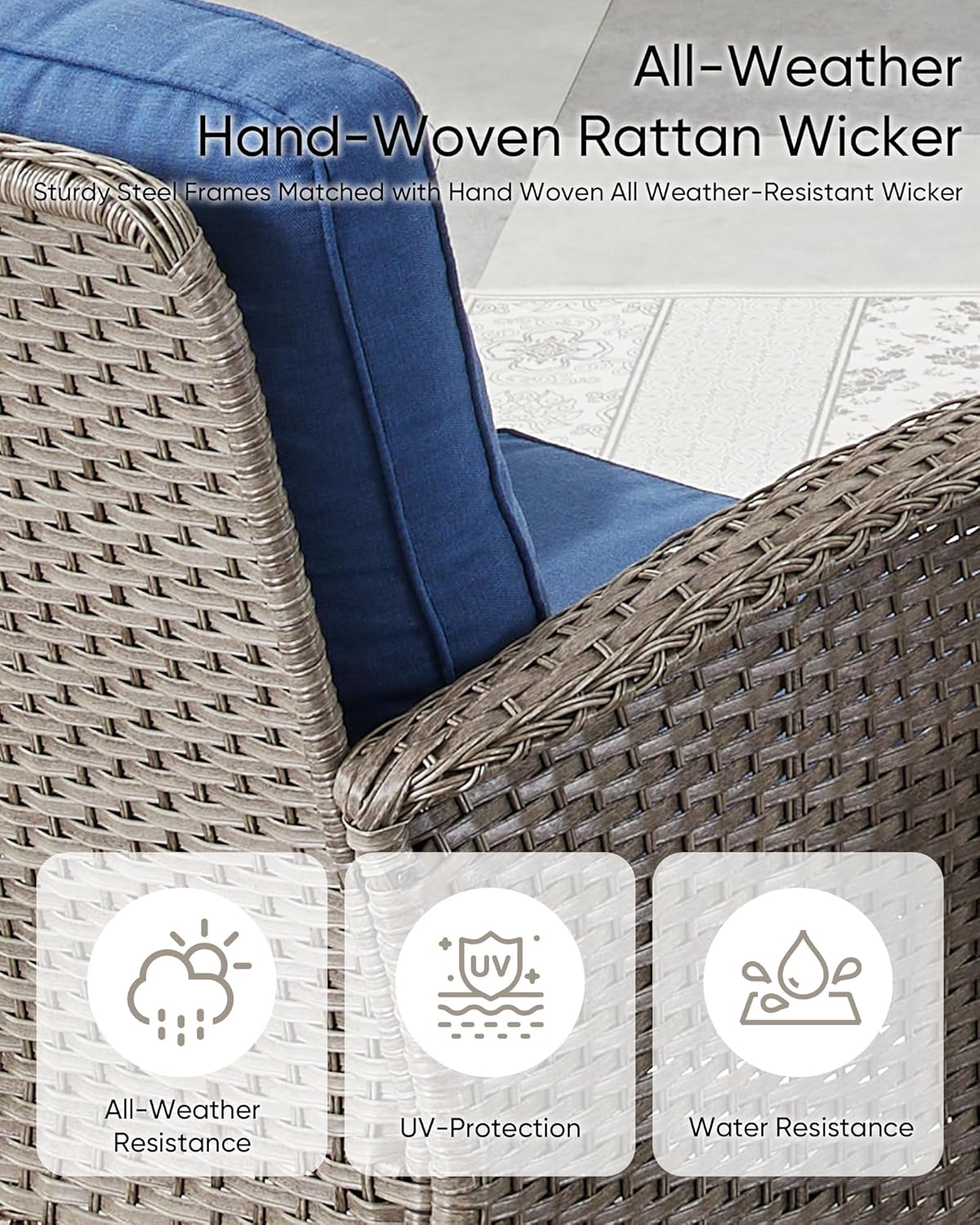 Patio Furniture-All Weather Wicker Patio Conversation Sets with Swivel Patio Chairs High Back Outdoor Couch with Swivel Rocking Chairs Outdoor Furniture for Deck Lawn Porch Balcony Poolside-Grey/Blue