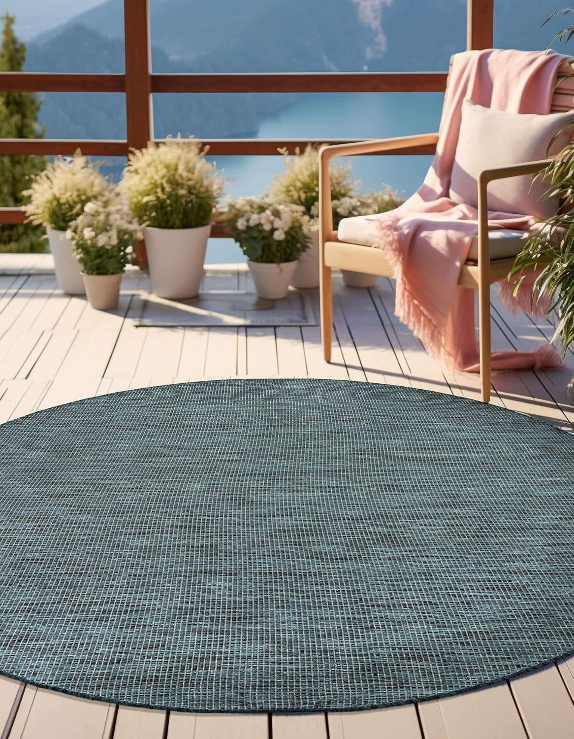 Unique Loom Outdoor Solid Collection Area Rug (6' 1" Round Teal/Navy Blue)