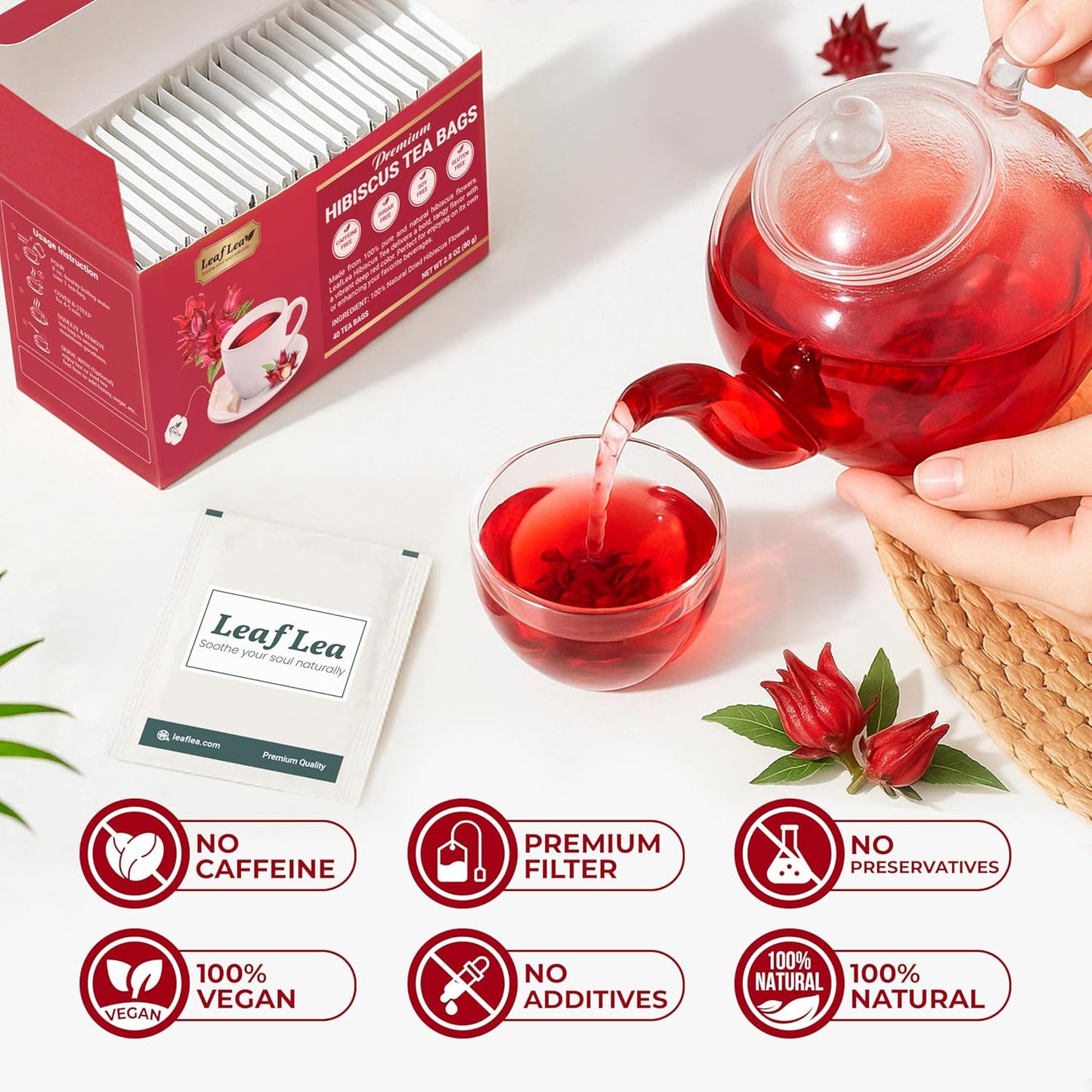 LeafLea 120 Hibiscus Tea Bags, 100% Pure Natural Hibiscus Flowers Herbal Tea, Natural Red Hibiscus Flower Tea, Te de Hibisco, Caffeine-Free, No Sugar, Vegan, Non-GMO, Rich in Flavor & Color, Pack of 3