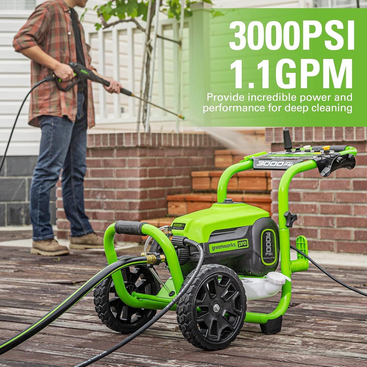 Greenworks Pro Brushless 3000 PSI (CSA Certified) 2.0 GPM Max / 1.1 GPM Electric Pressure Washer (Rugged Steel Frame, 25 FT Hose, 35 FT GFCI Power Cord)