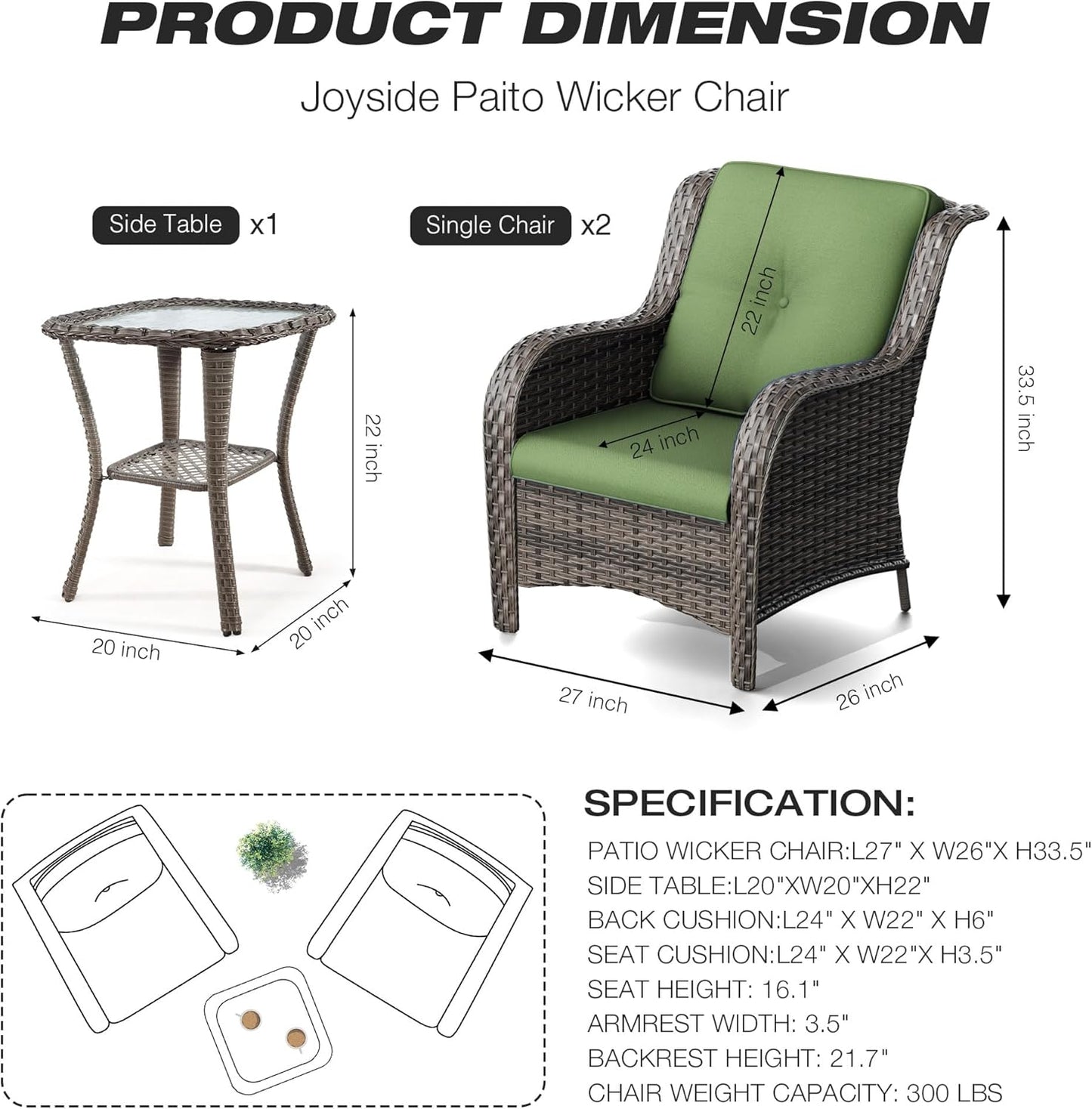 Joyside Patio Bistro Set Wicker Chairs - 3 Piece Outdoor Rattan Conversation Set with 2 Armrest Chair and 1 Side Table for Proch Deck Garden Backyard Balcony(Mixed Grey/Green)