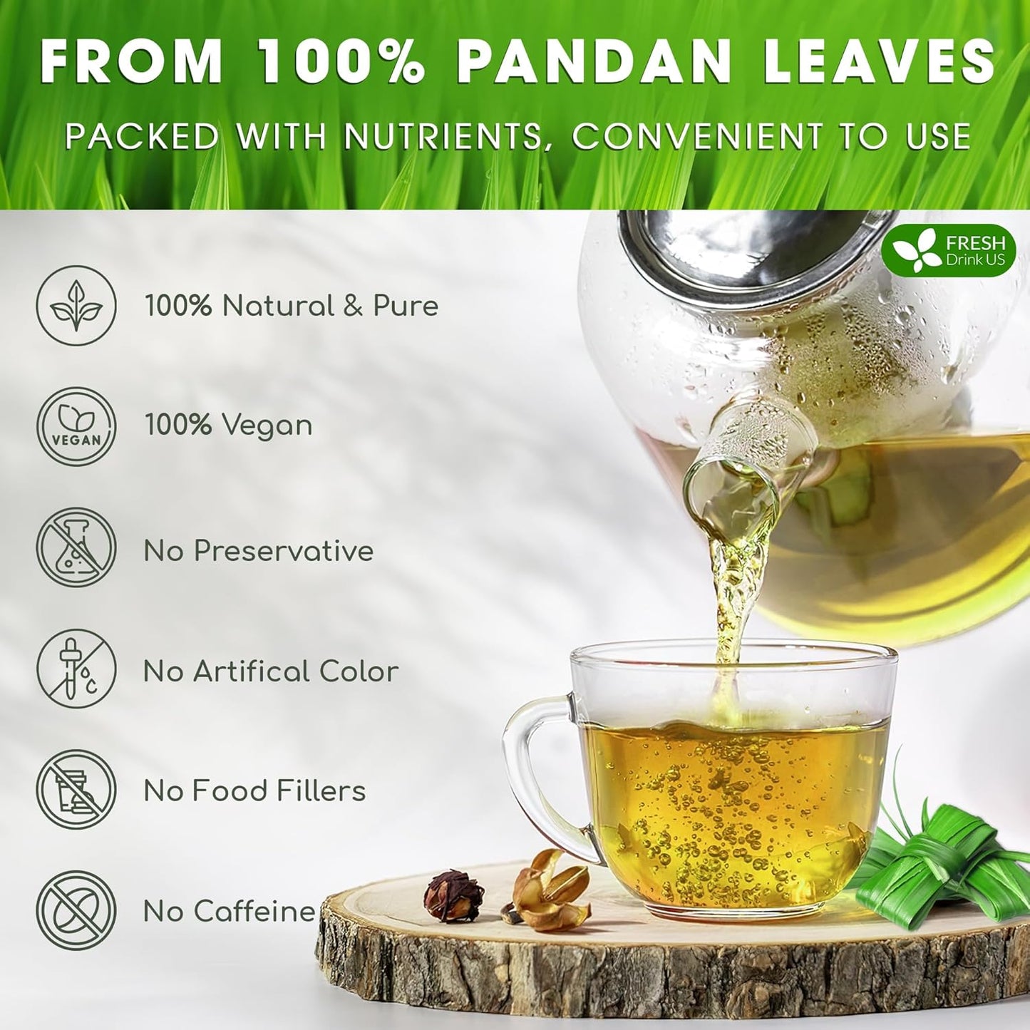 FreshDrinkUS, Premium 15 Pandan Leaf Tea Bags, 100% Natural & Pure from Pandan Leaves. Loose Leaf Pandan Herbal Tea. Made with Natural Material Tea Bags. No Sugar, No Caffeine, No Gluten, Vegan. (15 Tea bags)