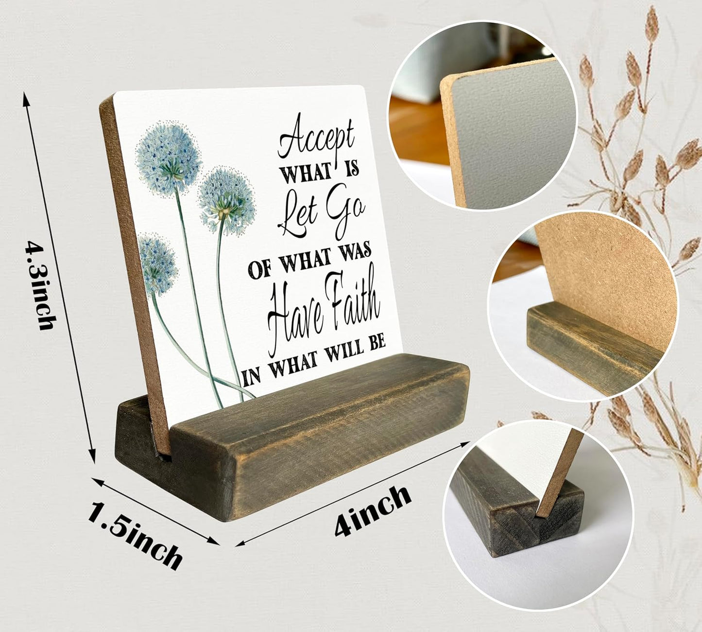Primitive Wooden Sign, Accept What is Let Go of What Was Have Faith in What Will Be, Desk Plaque with Wooden Stand 4 x 4.3 inches, Inspirational Farmhouse Decor, Home Decor, Mindset Gifts, A
