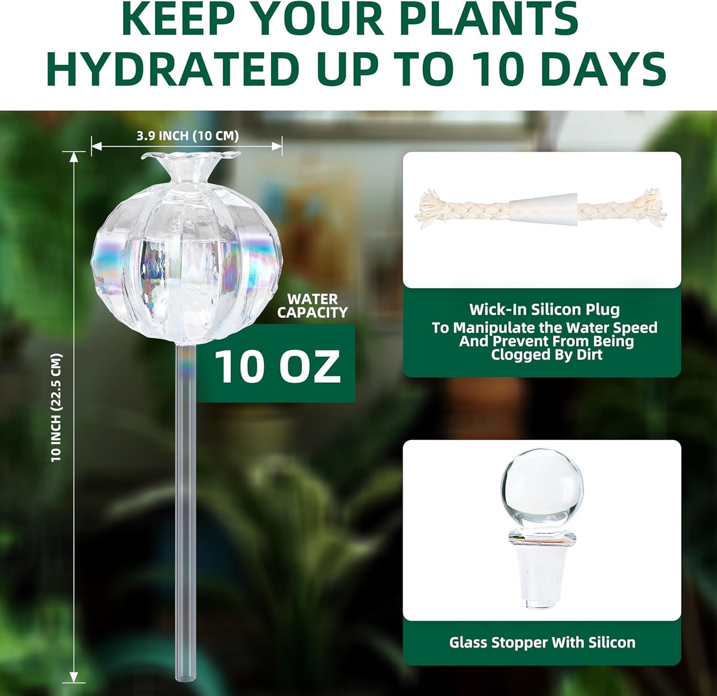 10 oz Large Top Fill Cactus Plant Self Watering Globes, Light Iridescent Glass Water Bulbs, Slow Release Watering Devices System Indoor | Outdoor Everyday Use, Water Spikes Stakes, 2 Pack