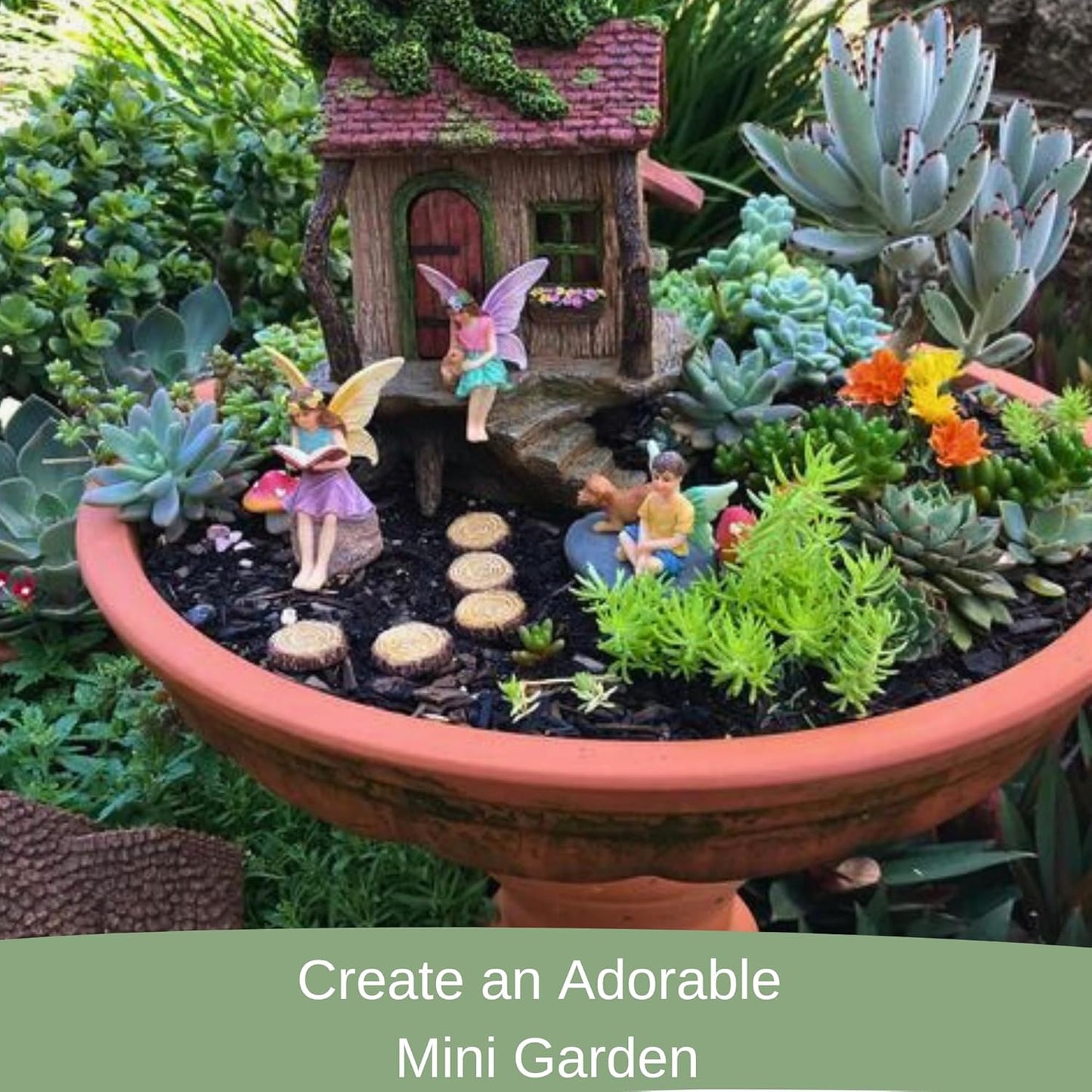 PRETMANNS Fairy House Kit - Fairy Garden Accessories for Outdoor Miniature Village Decor, with Three Fairies - House, 9’ High & Door can Open Wide - 4 Piece Supplies