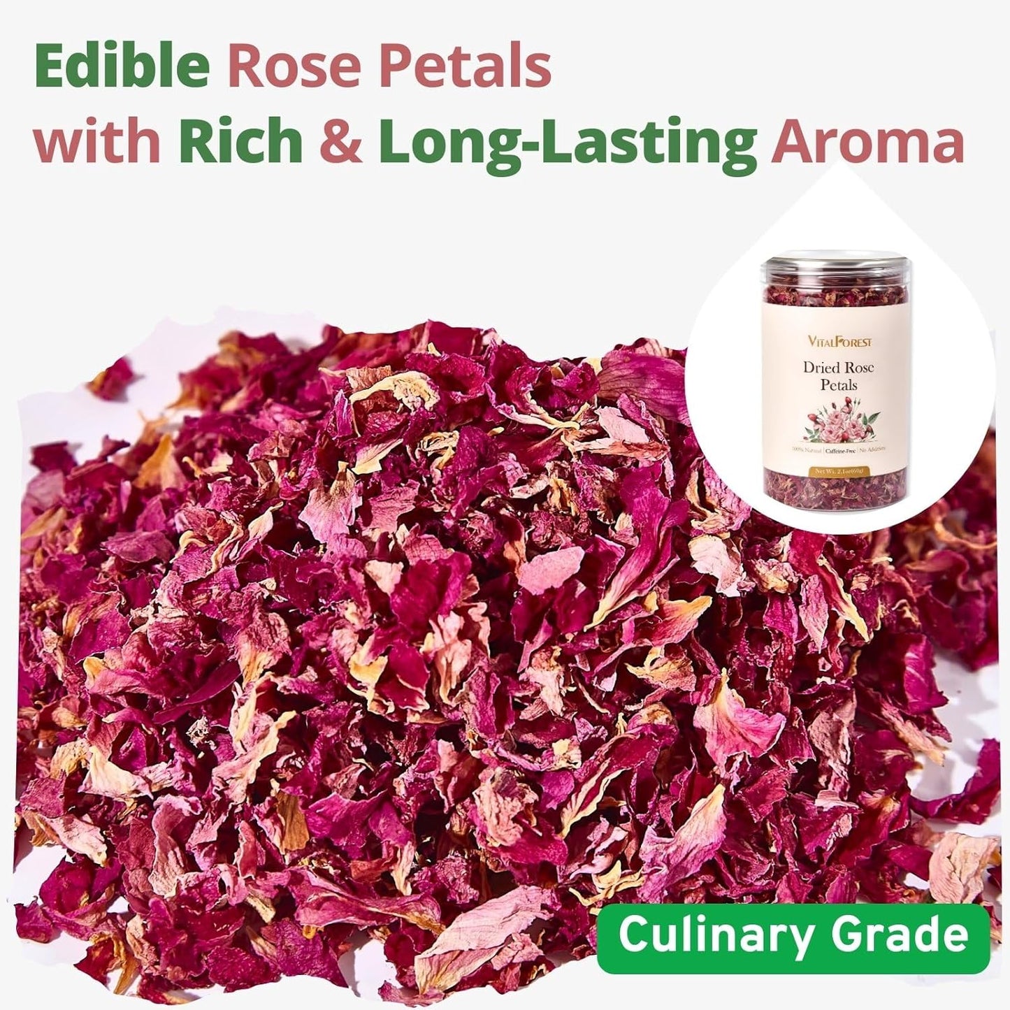 Dried Rose Petals Edible, 2.1oz (60g) Food Grade Rose Petals Tea– Culinary Roses Petals for Tea, Drinks, Baking & Cocktails, Edible Flower Petals for Cake Decorating, Desserts