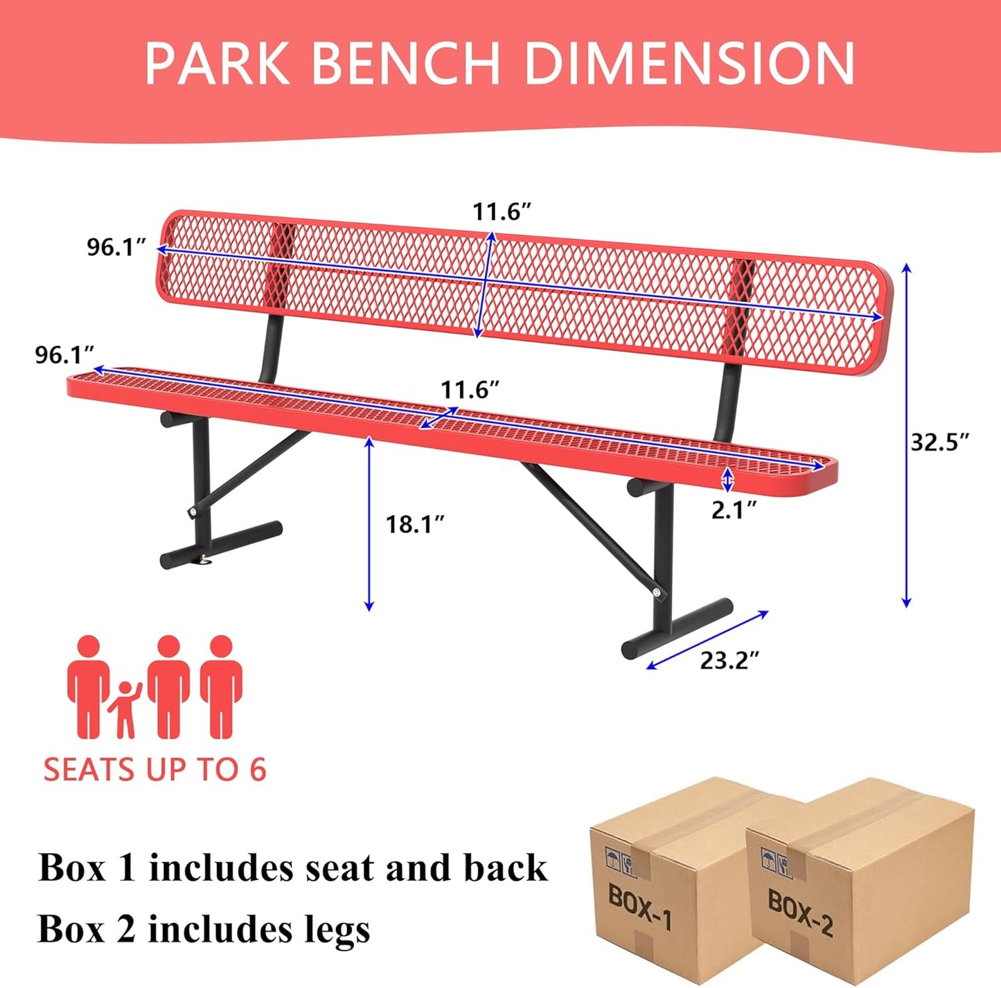 8 Feet Heavy Duty Metal Park Bench for Outside, Outdoor Bench with Backrest & Portable Frame, Commercial Benches for Shopping Malls, Stores, Parks, Patios, Decks, Red