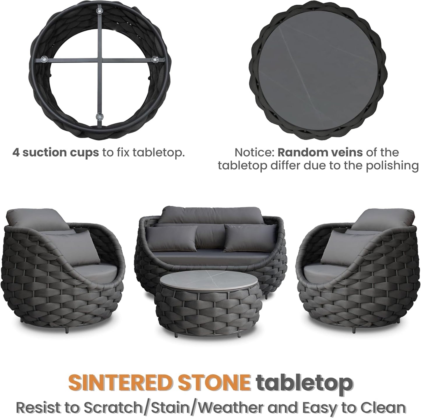 Aluminum Patio Furniture Set of 4: Woven Rope Outdoor Conversation Sofa Set Assembled - Modern Cushioned Armchair Couch Set for 660lbs Porch Deck Backyard Poolside Drawing Room Hotel, Dark Gray