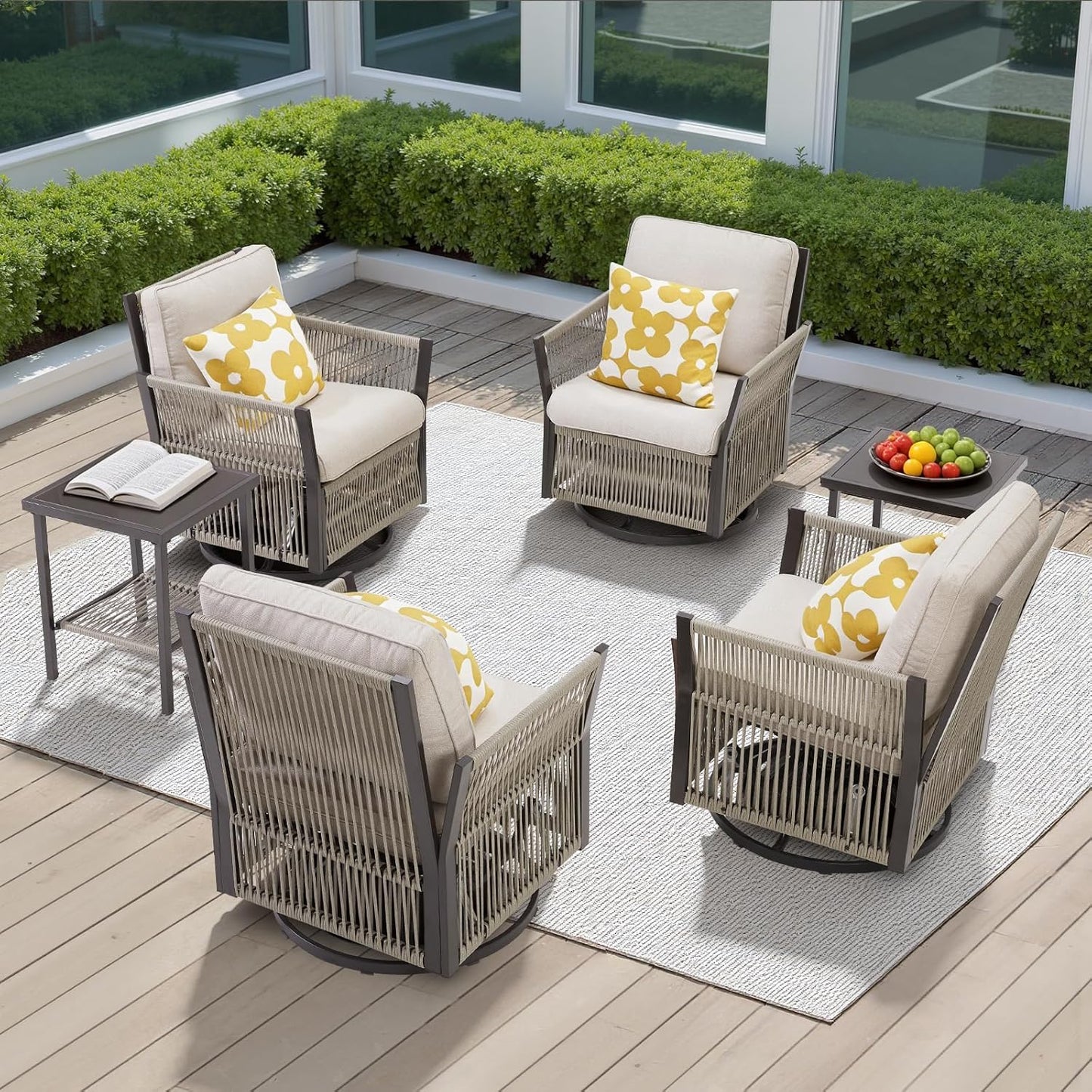 Patio Furniture Wicker Outdoor Conversation Set, 6-Piece All Weather Patio Furniture Rattan Rocking Sets w/Removable Cushions & Ottomans, Bistro Set for Backyard, Balcony, Deck, Beige