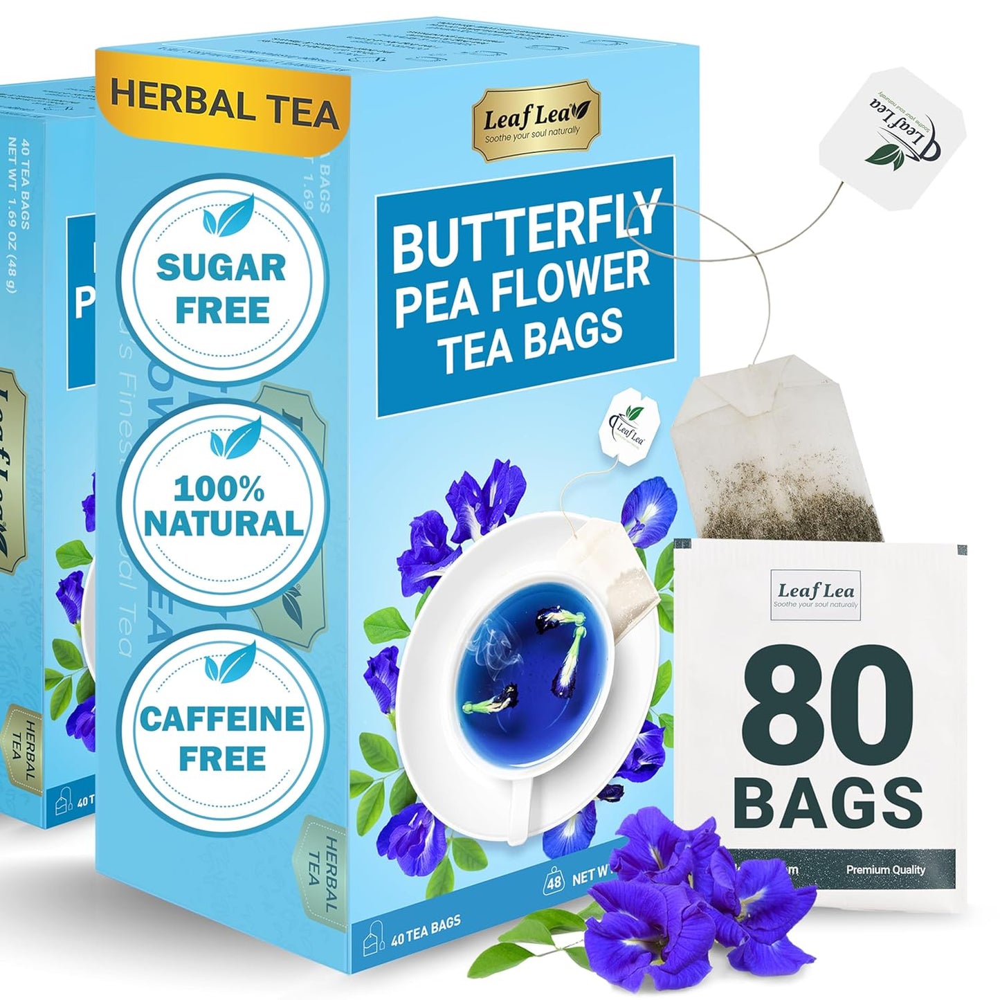 LeafLea 80 Butterfly Pea Flower Tea Bags, Natural Herbal Tea for Blue and Purple Drinks, Mocktails, and Food Coloring, Caffeine-Free, Sugar-Free, Non-GMO, Pack of 2