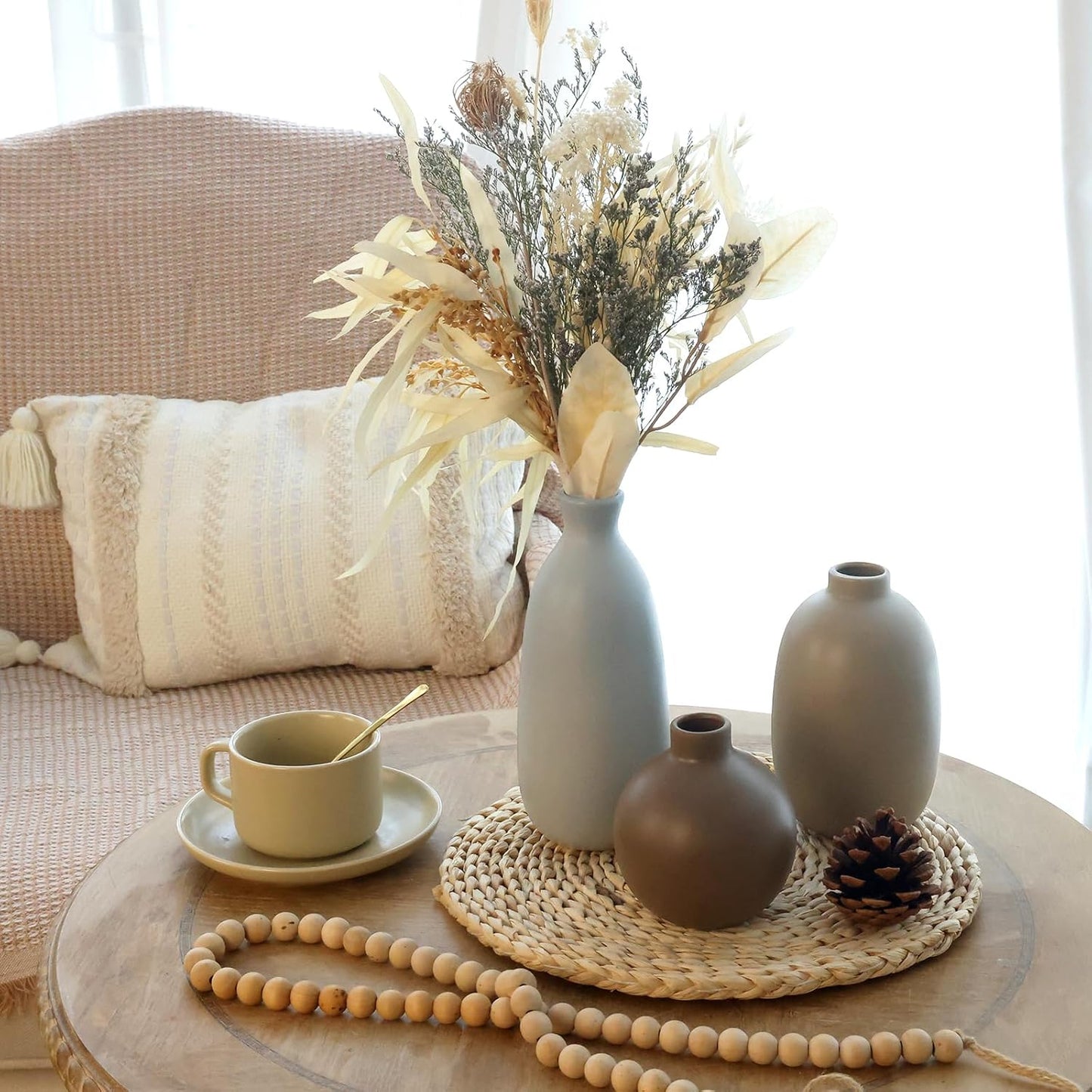 CUCUMI Ceramic Vase Set of 5, Home Decor Farmhouse Décor Handmade Pottery Vases for Pampas Grass, Dried Fresh Flowers, Table, Living Room, Kitchen, Shelf, Entryway Mantel Neutral Tones