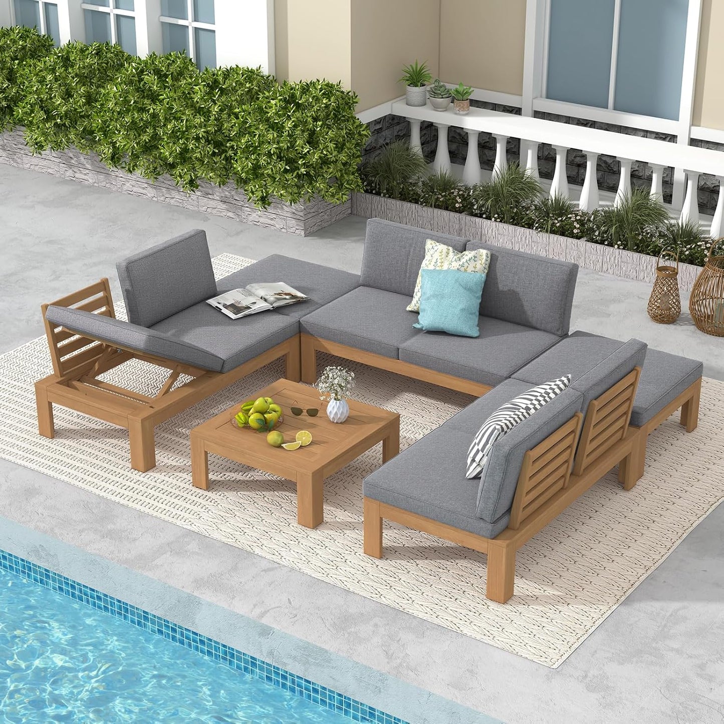 SUNSITT 6 Piece Acacia Wood Patio Furniture Outdoor Sectional Sofa Set with Adjustable Armrest, FSC Certified L-Shaped Patio Set w/2-in-1 Coffee Table, Grey Cushions