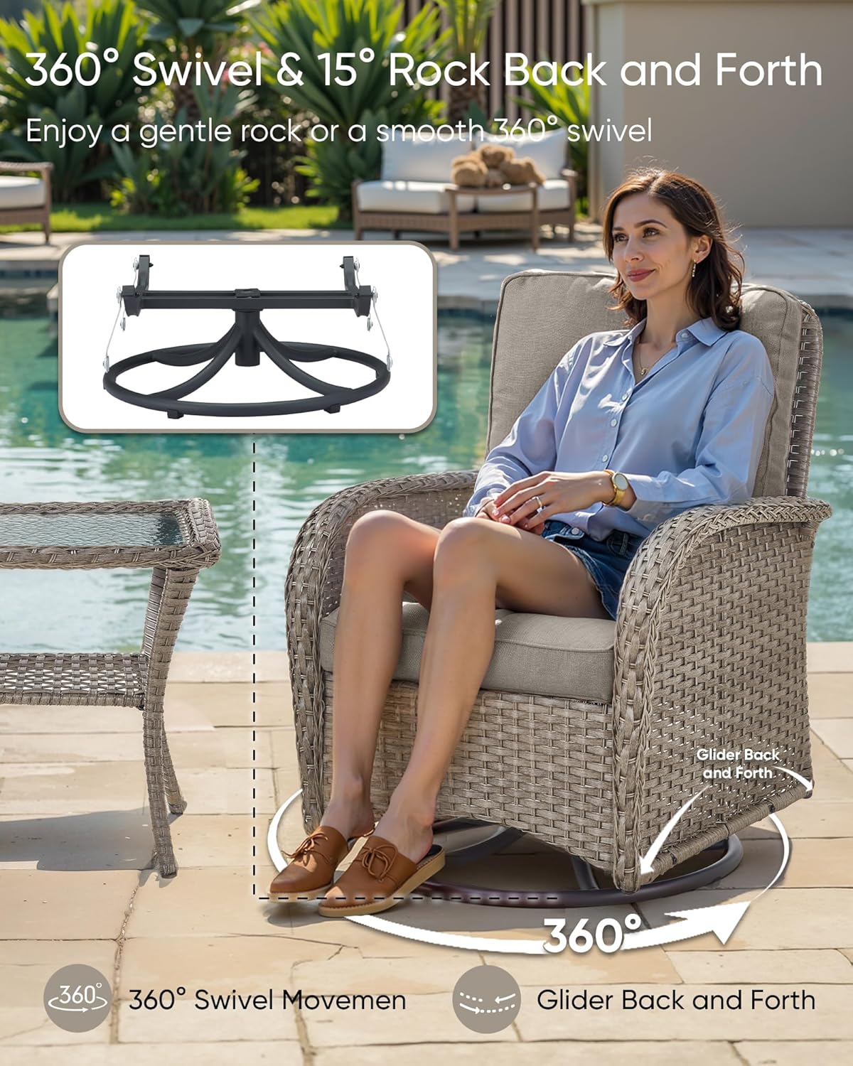 HUMMUH 3 Piece Outdoor Rocking Chairs Bistro Set-All Weather Wicker Outdoor Swivel Chairs Set of 2 with Side Table Small Patio Furniture Set for Deck Lawn Porch Balcony Poolside-Grey/Grey