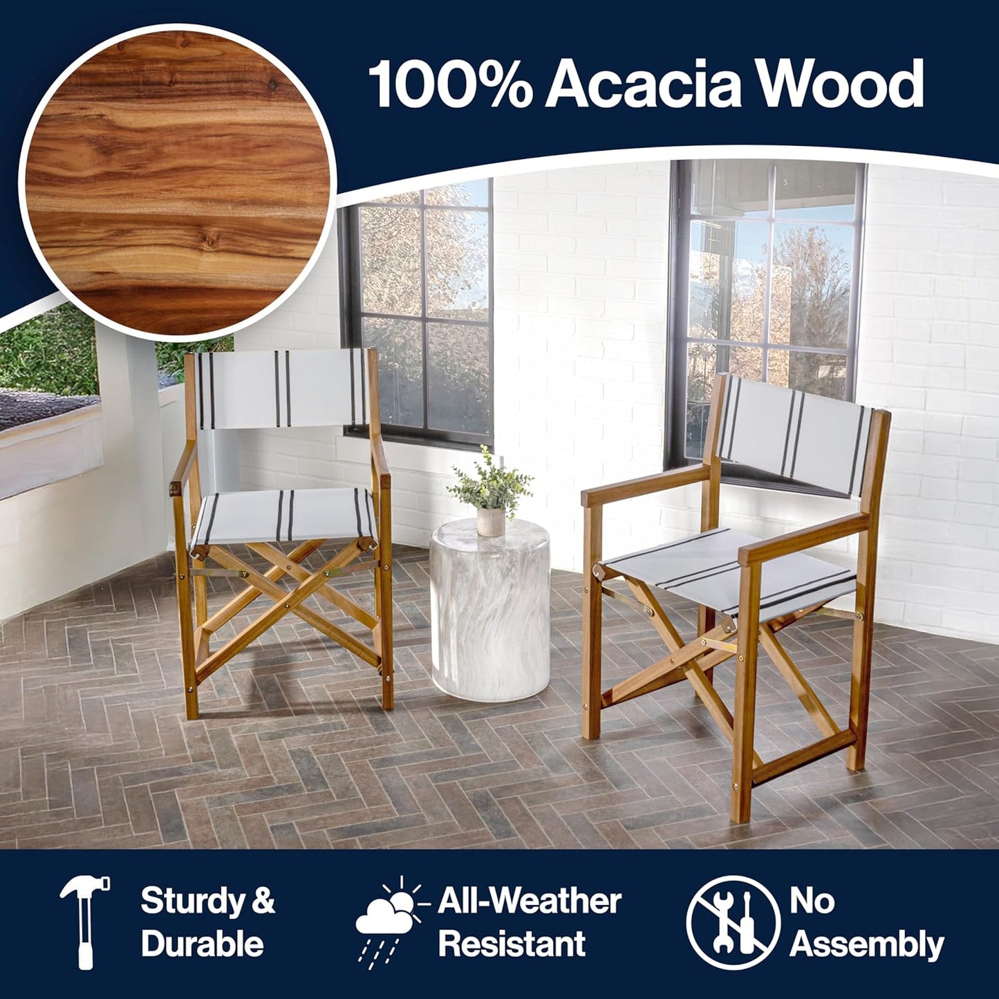 JONATHAN Y DRC1001B-SET2 Cukor Classic Vintage Outdoor Acacia Wood Folding Director Chair with Canvas Seat Mid-Century, Modern, Traditional, Classic, Coastal, White/Black Stripe/Teak Brown (Set of 2)