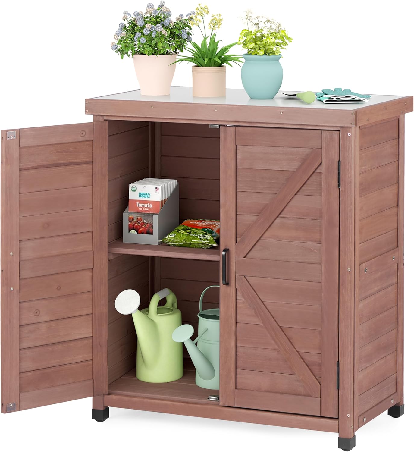 Outdoor Storage Cabinet & Potting Bench Table with Metal Top, Wooden Patio Furniture, Garden Workstation (Royal Brown, 36x31x17in)