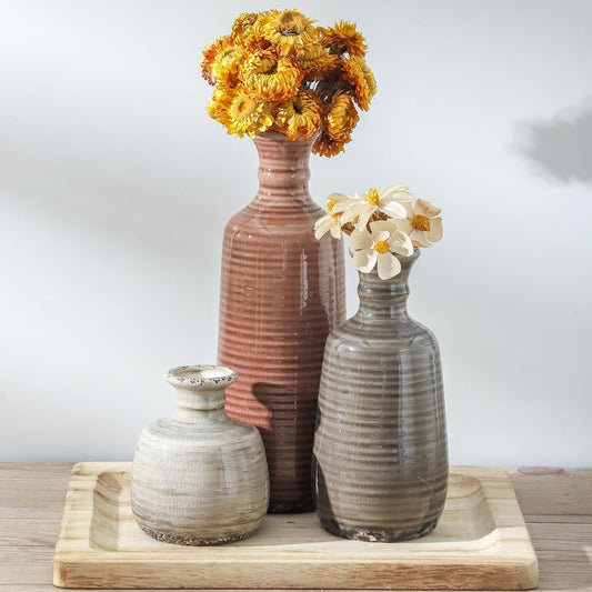 Ceramic Vases Set of 3, Neutral Rustic Farmhouse Vases Home Decor Decorative Flower Vase Modern Boho Pampass Vase for Table Mantel Entryway Shelf Living Room Kitchen Bathroom - Brown