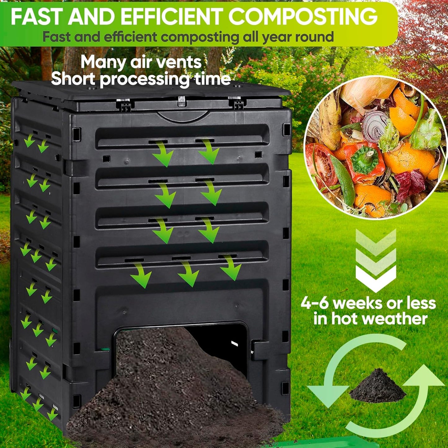 JupiterForce 120 Gallon Large Compost Bin, BPA Free Outdoor Composting Tumblers for Garden Patio, Easy Assembling, Fast Creation of Fertile Soil, Lightweight