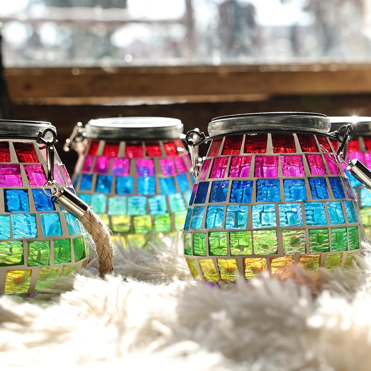 Cooo 2 Pack Mosaic Solar Lantern Outdoor Waterproof IP68 Hanging Projection Light Hidden Lid Pear-Shaped Lantern with Rope Handle Solar Powered Auto On for Patio Garden Fence Table - Neon Mosaic