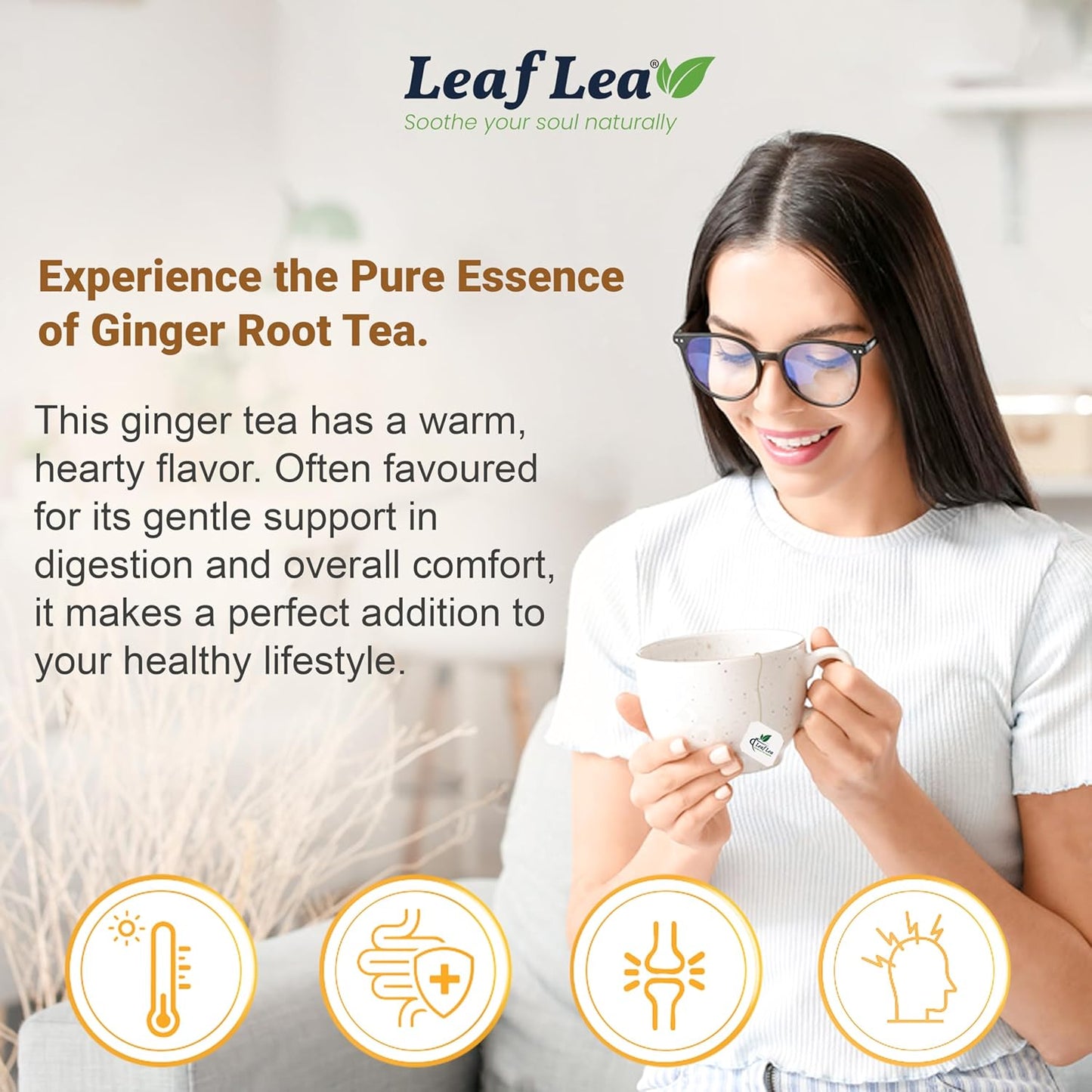 LeafLea 120 Ginger Tea Bags, 100% Pure Ginger Root Herbal Tea, Spicy & Warming Flavor, Supports Digestion & Immune Health, Individually Wrapped, Caffeine-Free, Sugar-Free, Gluten-Free, Non-GMO, Vegan