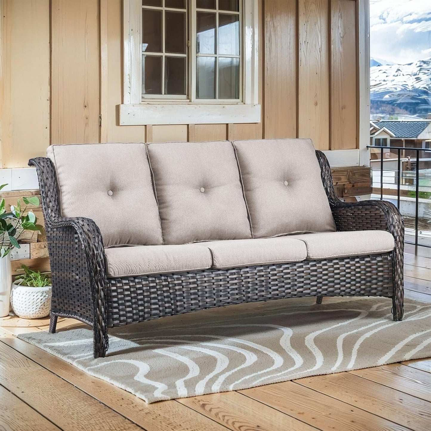 Outdoor Furniture 3-Seater Rattan Sofa Patio Wicker Sofa Couch Furniture Set with Washable Cushions