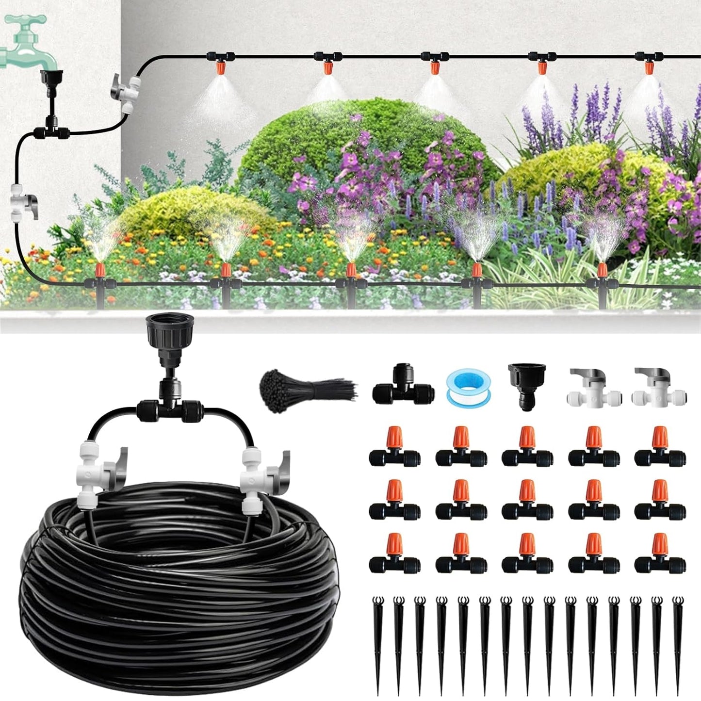 Mist Drip Irrigation System for Garden Watering 60FT, 1/2" & 1/4" Quick-Connect Micro Misting kit for Greenhouse, Plant, Lawn, Raised Bed, Vegetable, Flower. Hanging or Inground Misters Sprinkler