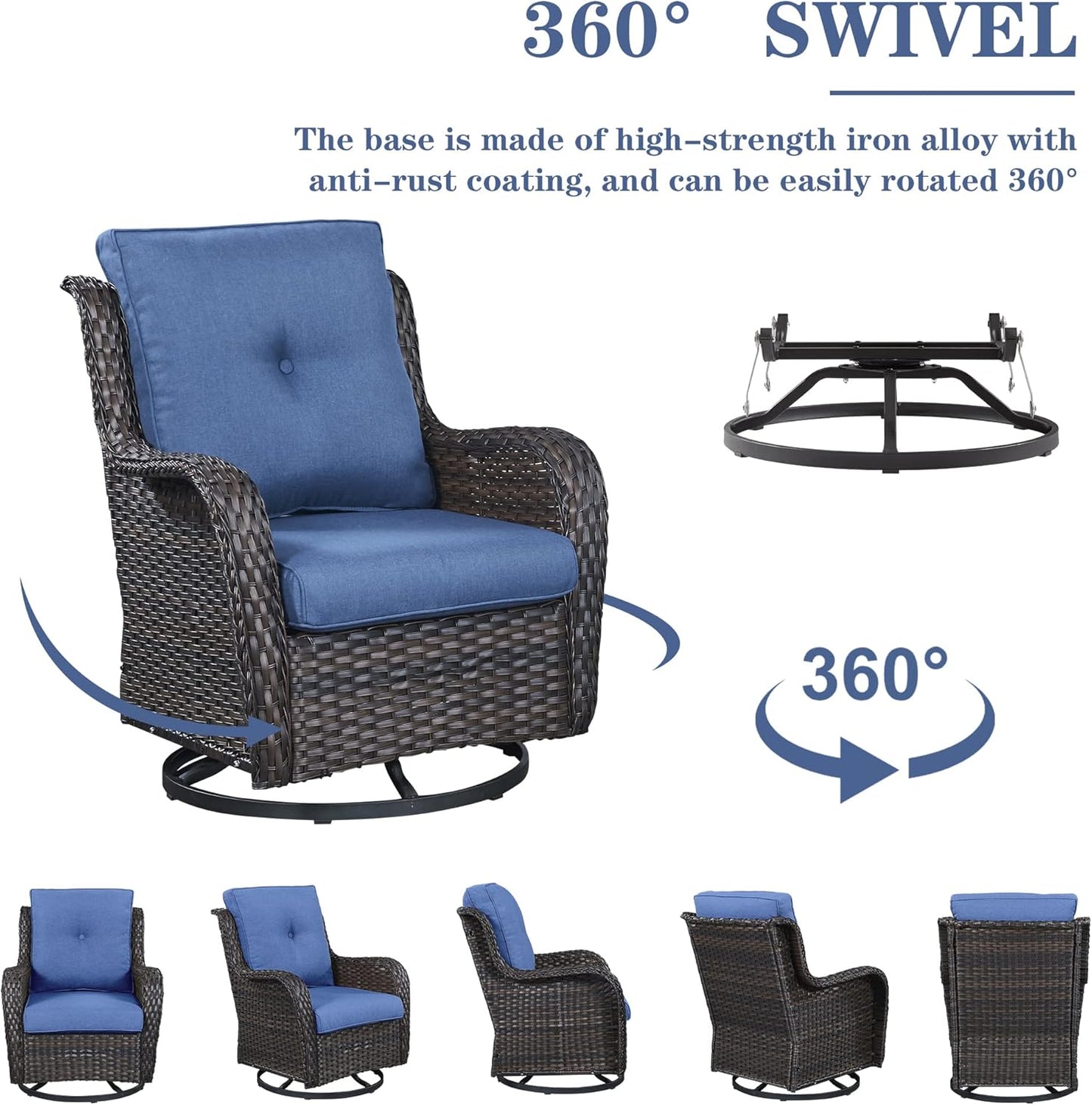 5 Pieces Patio Wicker Furniture Set - 4 Outdoor Swivel Rocker Glider Chairs with 50000BTU Propane Fire Pit Table, Warm Patio Conversation Set Blue Cushion Perfect for Casual Gathering