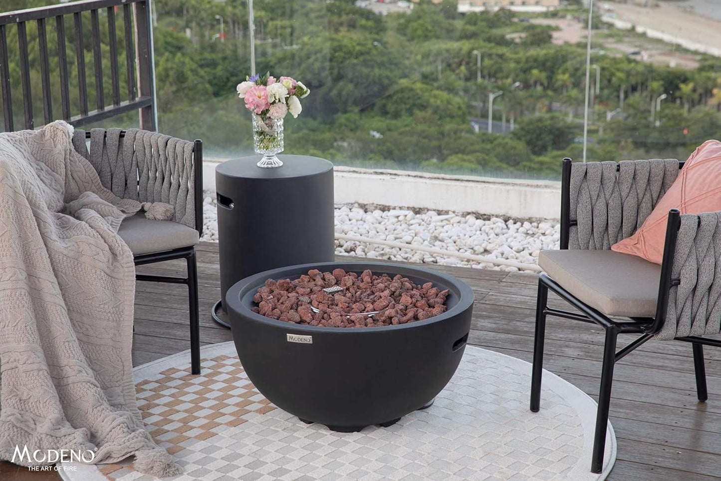 AMS Fireplace | Modeno Jefferson Pakage | Black Liquid Propane Gas Fire Pit Table for Outside Patio Bundle with Tank Cover and SS Burner Lid | Free Ice Bucket