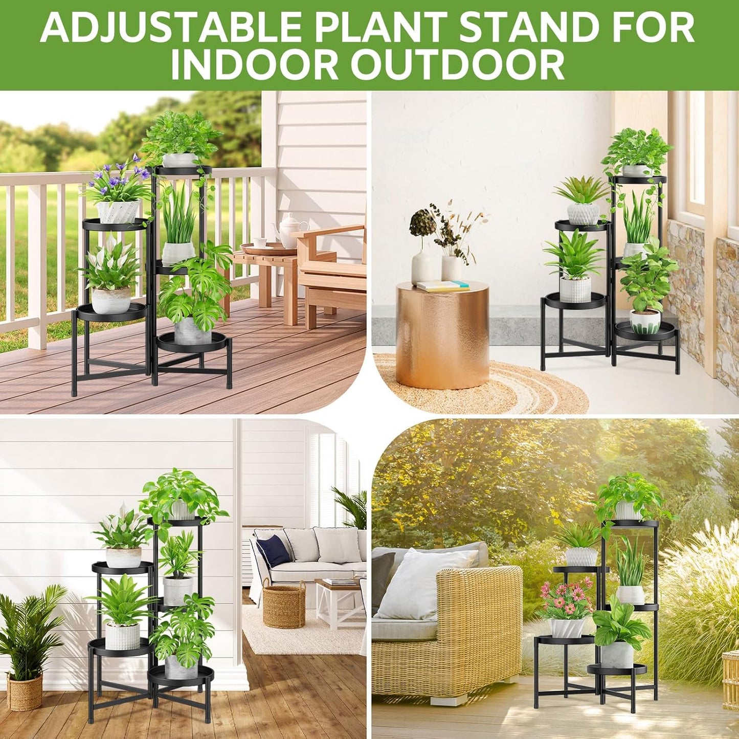 iDavosic.ly 5 Tier Large Plant Stand Indoor with 10 Inch Wide Tray, Tiered Corner Metal Outdoor Flower Display Holder Shelf, Folding Tall Rack for Patio Porch Living Room, Modern Black