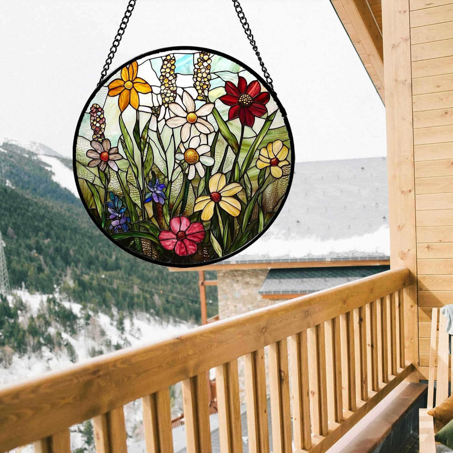 Stained Glass Window Hanging, Colorful Wildflowers Plant Scenery Suncatcher for Doors Window Home White Green Sun Catchers Decor Mother's Day Birthday Gifts for Women, Men Mom 6.3 in